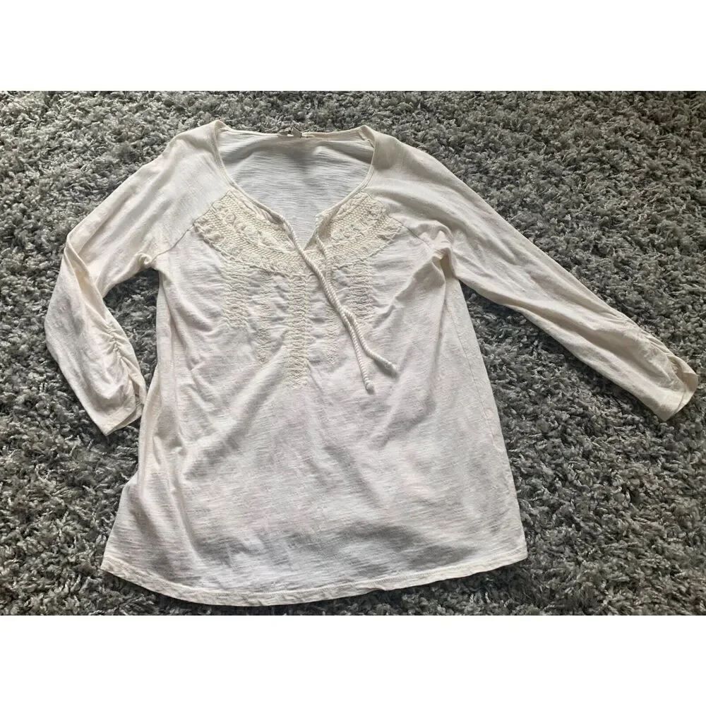 Lucky Brand IVORY TAN EMBROIDERED Hippie Boho TUNIC SHIRT TOP sz M